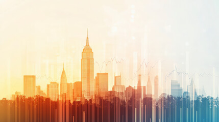 Obraz premium A city skyline with a digital overlay of graphs and charts, symbolizing urban development and data-driven progress against a gradient-colored background.