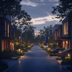 Obraz premium 3D Illustration- Suburban Street at Dusk