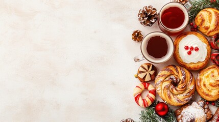 Christmas-themed bakery and drink concept. Cozy holiday arrangement with festive pastries, warm drinks, and seasonal decorations on a light background