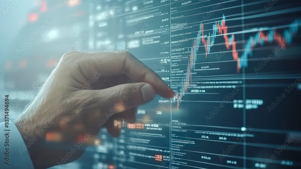 Aufkleber a hand interacts with a digital financial chart, analyzing fluctuating data and trends on a futurist