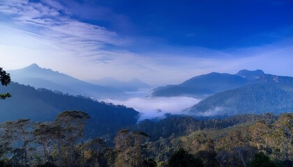A breathtaking panorama of misty mountains under a clear blue sky. The mountains are covered in lush green forests, and the fog creates a mystical atmosphere.