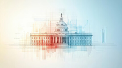 Naklejka premium Abstract illustration of the U.S. Capitol building, featuring a blend of geometric shapes and lines in soft blue and red hues.