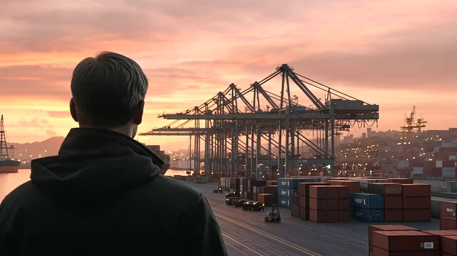 Deck Officer Managing Cargo Loading at Busy Port