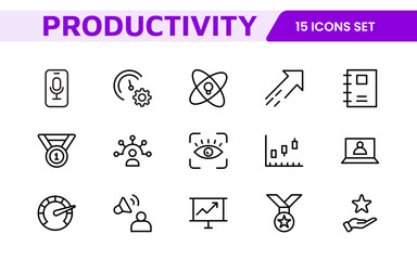 Productivity Icon Set. Modern and inspiring icons designed to enhance efficiency and organization, perfect for productivity apps, task management tools, and workflow solutions.