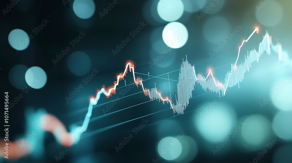 Poster a glowing, abstract financial chart with ascending lines and data points against a blurred, bokeh ba