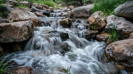 A serene stream flows over rocks, surrounded by lush greenery in a tranquil natural setting.