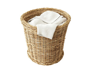 A woven basket filled with neatly stacked white towels, used for storage or laundry.