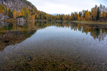 Stunning landscape of Federa lake in autumn, Dolomite Italy.