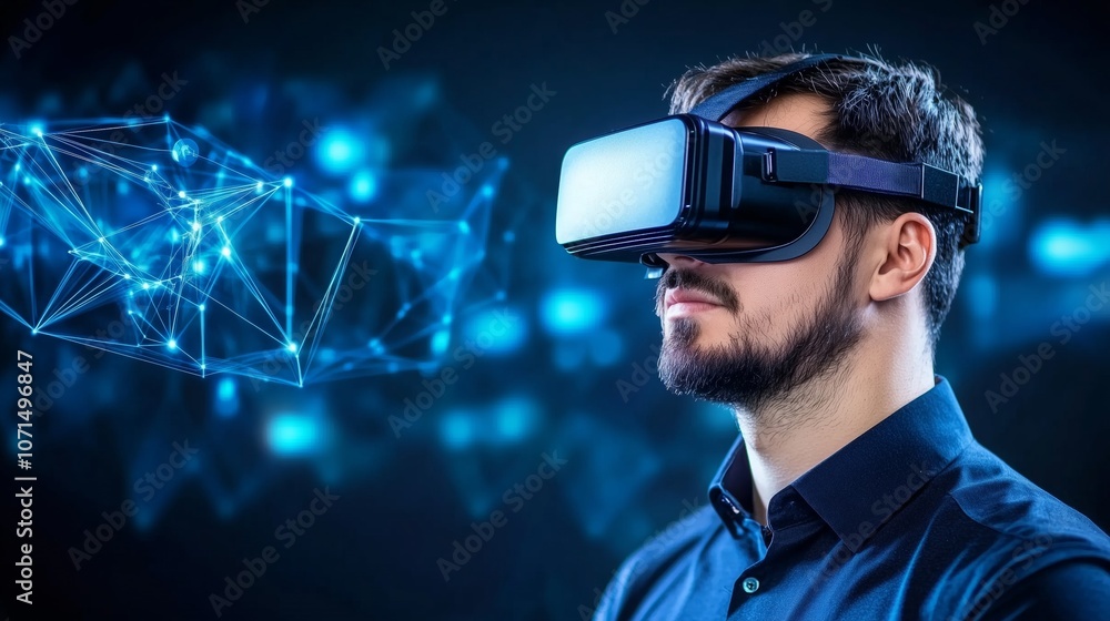 Poster side view of a man wearing a virtual reality headset isolated on blue hich tech background with ai.c
