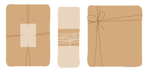 Gift box vector design with white and brown bow and craft wrapping on isolated white background.