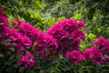 A burst of bright fuchsia bougainvillea against green jungle foliage, AI Generated