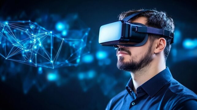 Side view of a man wearing a virtual reality headset isolated on blue hich tech background with ai.Concept of technology and immersion