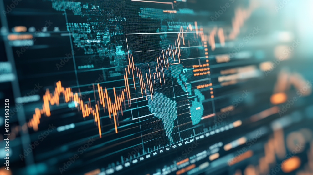Poster futuristic financial data screen displaying fluctuating graphs and maps, representing global stock m