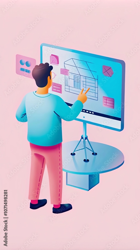 Poster architect designing blueprint on modern touchscreen interface