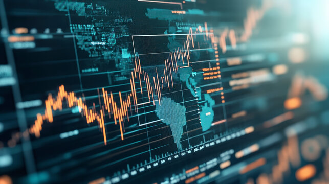 Futuristic financial data screen displaying fluctuating graphs and maps, representing global stock market trends and economic analysis in a digital format. - Powered by Adobe