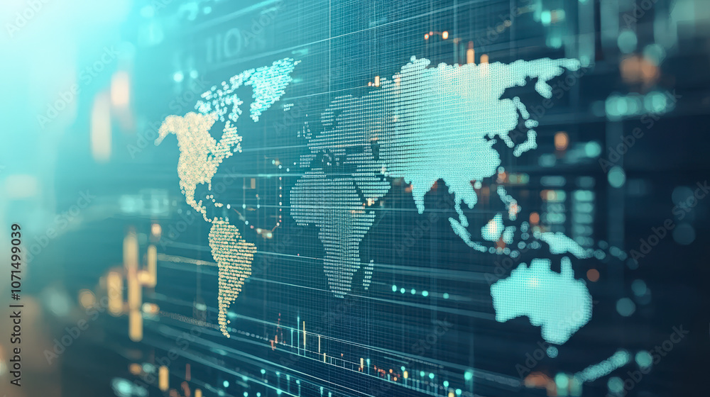 Poster a digital world map with data overlays and charts, representing global economic activity and market 