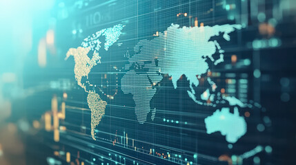 A digital world map with data overlays and charts, representing global economic activity and market analytics in a high-tech, futuristic style.