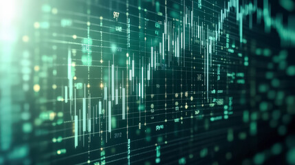 A digital data visualization showing fluctuating financial graphs and numerical data, illustrating stock market trends and analysis on a dark, futuristic background.