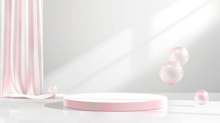 A minimalist scene featuring a circular platform, soft pink accents, and floating spheres.