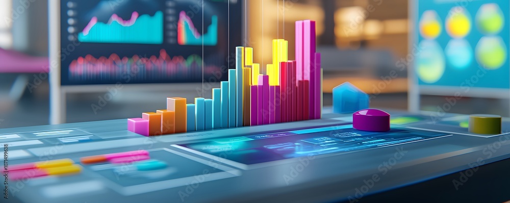 Poster colorful data visualization with bar graphs and charts on a modern digital interface, showcasing ana