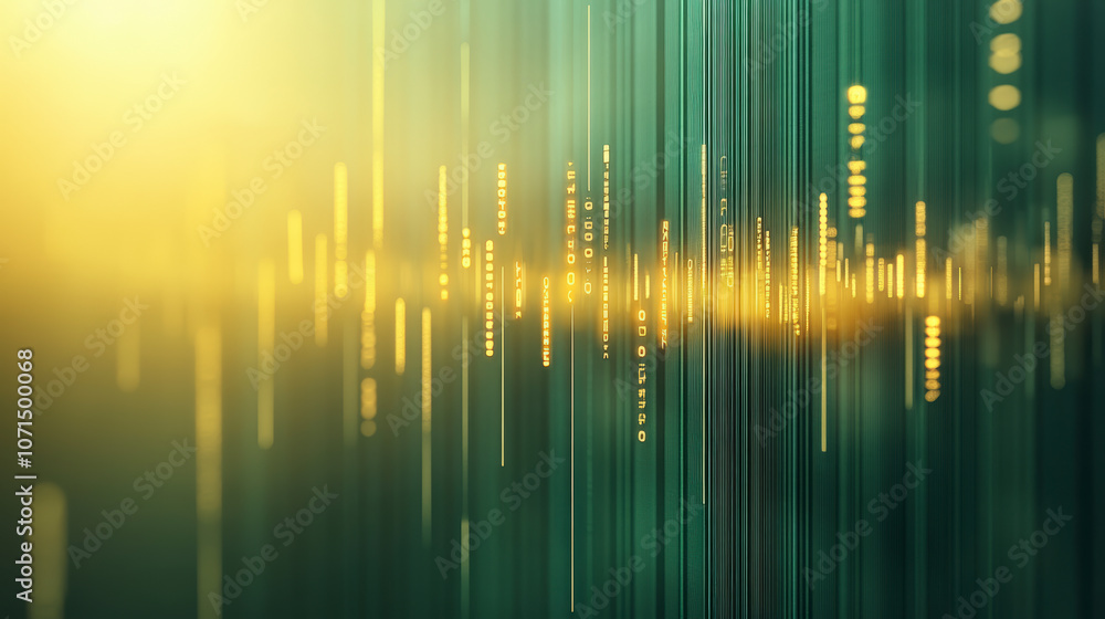 Poster abstract light patterns and lines create a futuristic, digital landscape with a warm glow on a green