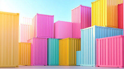 Obraz premium 3D rendering of colorful shipping containers stacked on top of each other. In the background is a bright blue sky with soft shadows and highlights