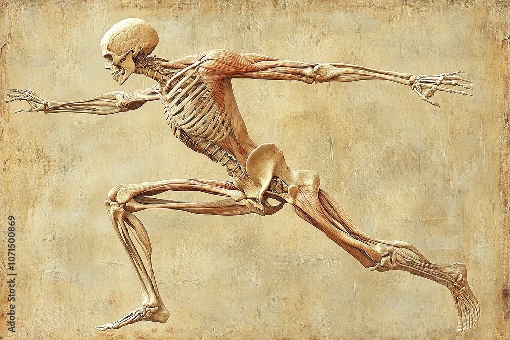 Aufkleber skeletal anatomy in dynamic running pose on aged background