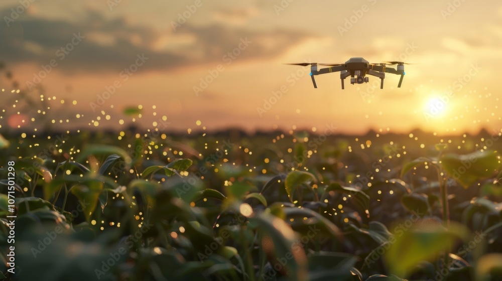 Poster a hightech drone flying over a soybean field using its 5g connectivity to transmit precise measureme