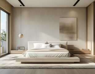 highly detailed image of a minimalist bedroom in a modern home. The room  features a simple platform bed with white linens, a neutral-toned rug, and a single large window letting in natural light