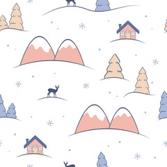 Snowy seamless pattern with mountains, fir trees, spruces and chalet. Cute cartoon winter design. Use for prints, fabric, textile, wallpaper, nursery, stationery, wrapping