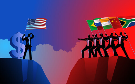 Businessmen from BRICS countries standing on a cliff, holding their national flags and pointing forward. The emergence of BRICS threatens dollar hegemony