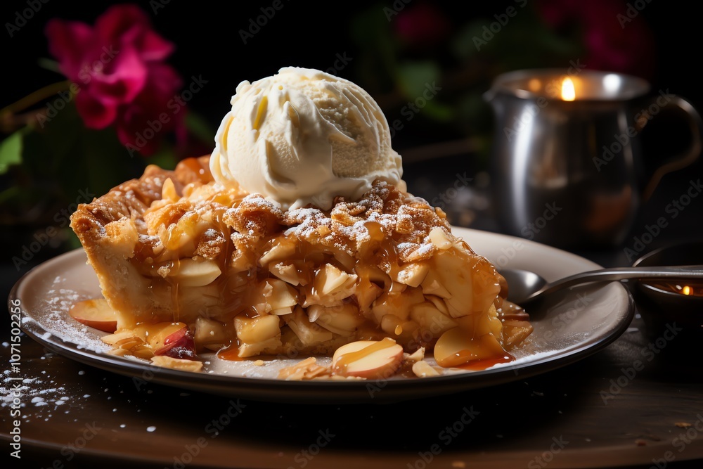Poster a slice of apple pie with a scoop of vanilla ice cream and caramel sauce on a plate with a candle in