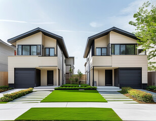 A simple two-tone duplex with light and dark beige siding and a low-pitched roof. Each unit has a small front porch with a paved path dividing the front lawn into two separate areas, each with minimal