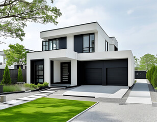 A minimalist duplex with a flat roof, finished in white siding with black trim around the windows and doors. Each unit has its own entrance