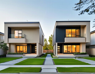 A simple two-tone duplex with light and dark beige siding and a low-pitched roof. Each unit has a small front porch with a paved path dividing the front lawn into two separate areas, each with minimal