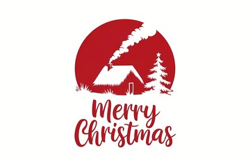Merry Christmas Illustration: Red and White Christmas Tree with House Silhouette in Black and White Design
