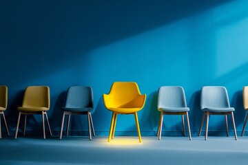 Yellow chair standing out among other chairs against a blue studio background, vibrant contrast