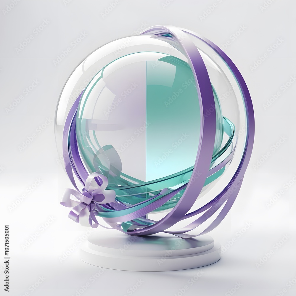 Poster a stunning 3d render of an abstract futuristic element featuring a glass sphere and colorful ribbons