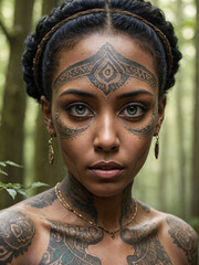 A mesmerizing portrait capturing a person with dark skin, vibrant green eyes, and intricate tribal tattoos standing in an ancient mist-shrouded forest under ethereal light.