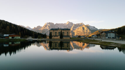 Arial view panoramic landscape around Misurina lake in Dolomite Itlay