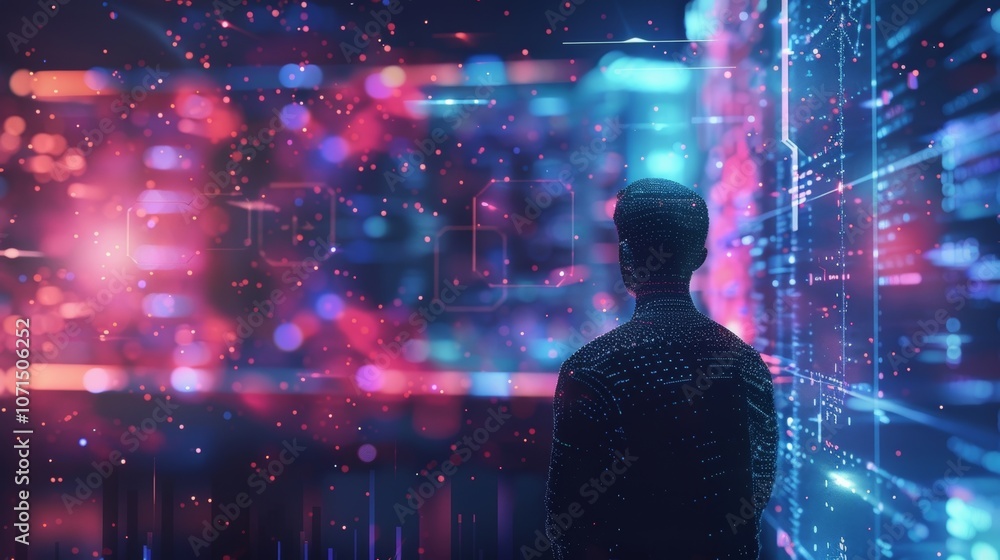 Poster digital silhouette businessman in a virtual data realm with holographic projections, representing fu