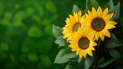 Three vibrant sunflowers bloom against a lush green background, showcasing their bright yellow petals and intricate seed centers.