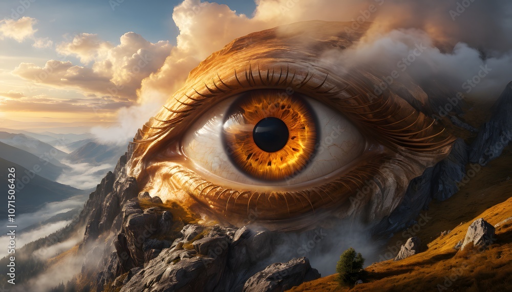 Poster majestic colossal eye emerging from the mountainside glowing with fiery golden light surrounded by m