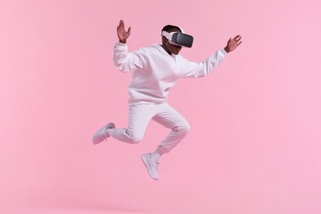 Young man wearing vr headset jumping and experiencing virtual reality