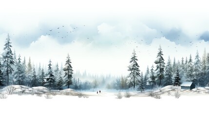 Fototapeta premium A snowy forest scene with two figures walking toward a cabin in the distance. The sky is cloudy and there are birds flying overhead.