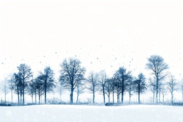 A snowy winter landscape with a line of bare trees silhouetted against a white sky. - Powered by Adobe