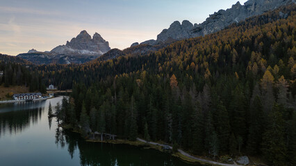 Arial view panoramic landscape around Misurina lake in Dolomite Itlay