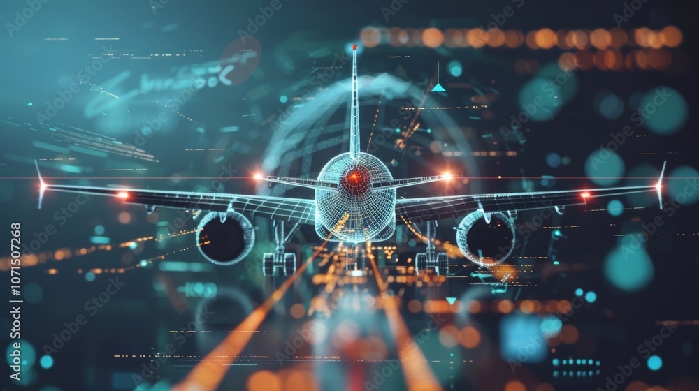 Aufkleber futuristic holographic airplane taking off from digital runway with data visualization