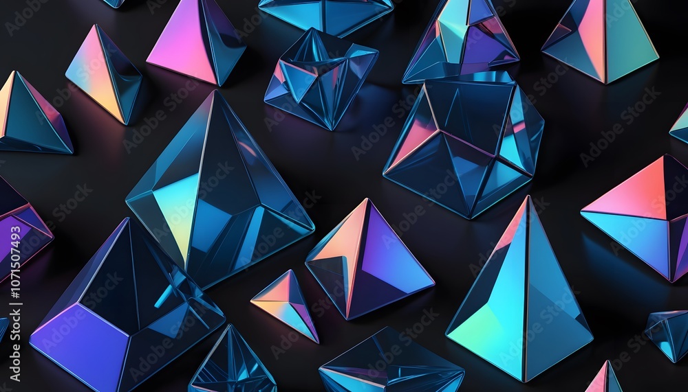 Poster stunning 2-3d render of colorful glass prisms showcasing geometric abstraction with a metallic sheen