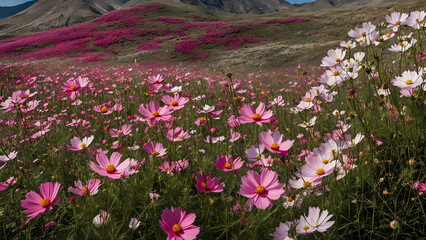Obraz premium A field of pink cosmos flowers swaying in the wind with a mountain range behind, AI Generated